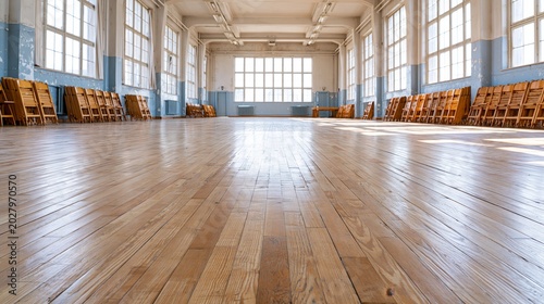 Wide Empty Assembly Hall with Sunlit Wood Floor