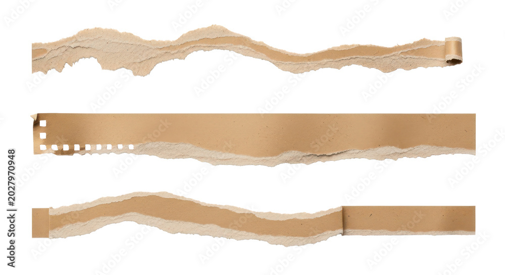 Fototapeta premium Three Torn Brown Paper Strips with Textured Edges on White Background