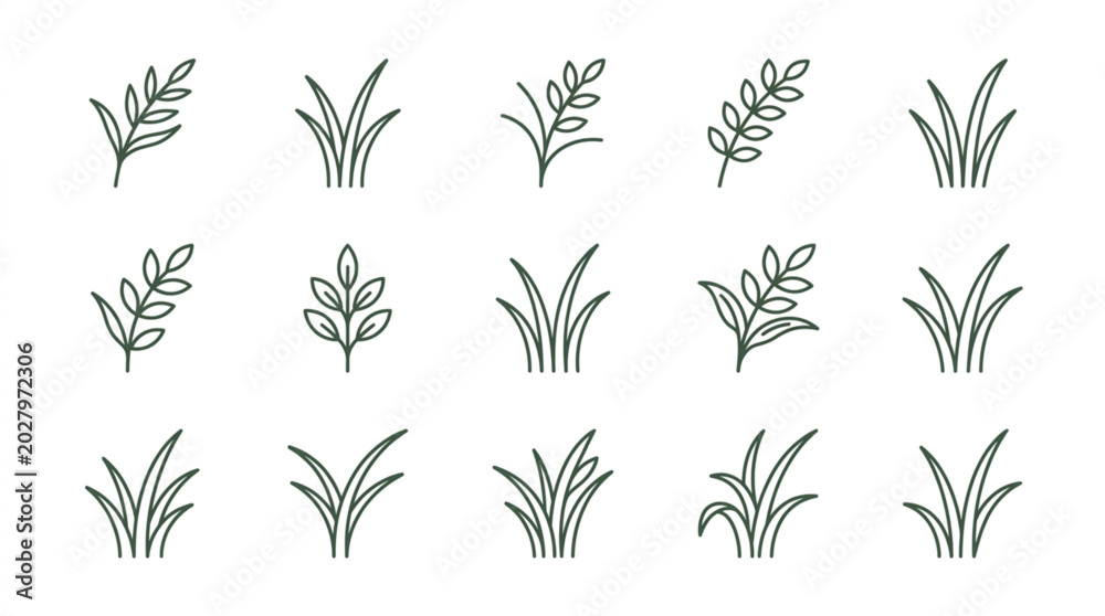 Fototapeta premium Collection of Hand Drawn Grass and Leaf Icons.