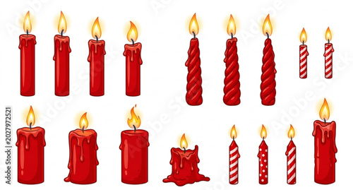 Fotografía Cartoon Red Wax Candles with Fire Flames and Melting Drips Vector Illustration S