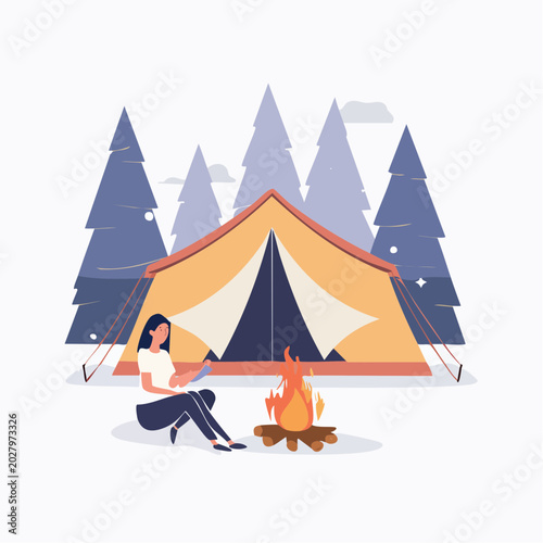 Woman Camping by Tent and Bonfire in Forest