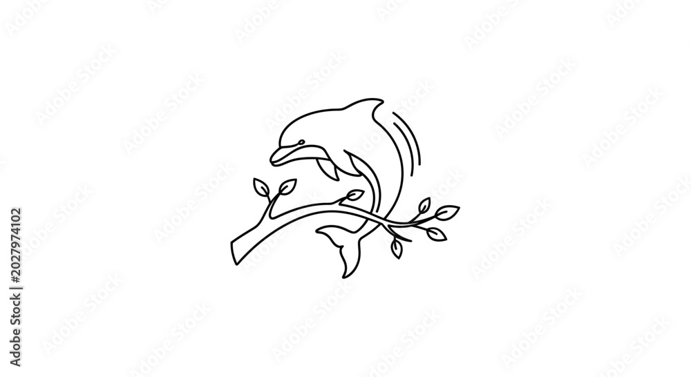 Fototapeta premium Minimalist Dolphin Jumping Over Branch with Leaves Line Art