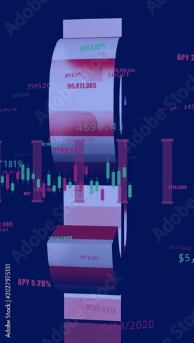 Vertical video: Cam showing 3D $ with US flag rotating, market tags shifting to show live data