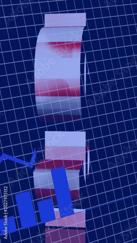 Vertical video: On data update dollar sign slicing floating charts rising reforming to show market