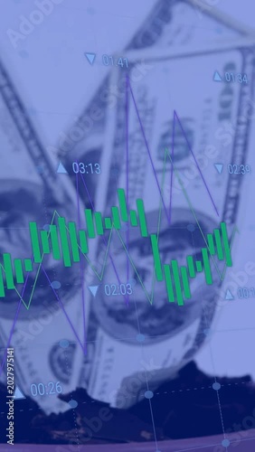 Vertical video: On start green bars and purple line shifting, spiking, dipping, showing market risk