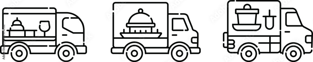 Fototapeta premium Hand Drawn Food Truck Icons Set Vector Illustration, Street Food and Mobile Restaurant Line Art Collection