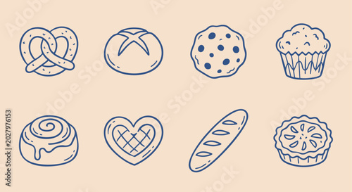 Fotografi Bakery icons set line art style on beige background