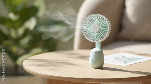 Pastel green portable mini desk fan on a light wooden table creating a soft refreshing airflow over nearby paper sheets, summer cooling comfort concept, minimalist home office setup, close-up product 