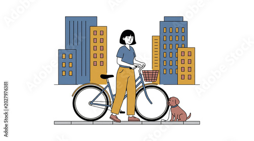 Woman with Bicycle and Dog in City.