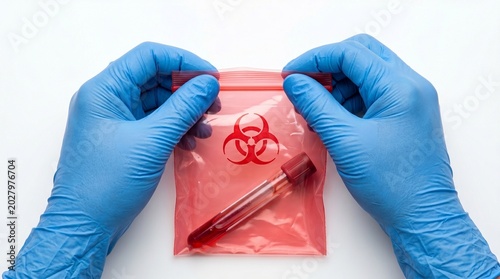 Top view of hands in blue gloves sealing a red biohazard bag with a blood sample test tube inside on white background