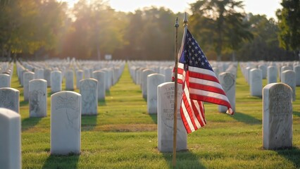 American flag among gravestones at military cemetery