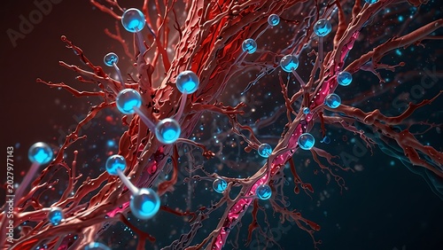 Abstract Futuristic Microscopic Organism Concept Showing Vibrant Red and Blue Biological Cell Networks Glowing Neurons with Interconnected Synapses and Complex Fluid Textures 3D Render Illustration