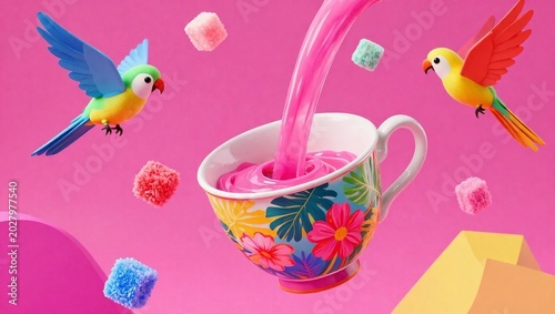 Surreal Floating Floral Teacup with Pink Liquid Pouring Inside and Flying Parrots