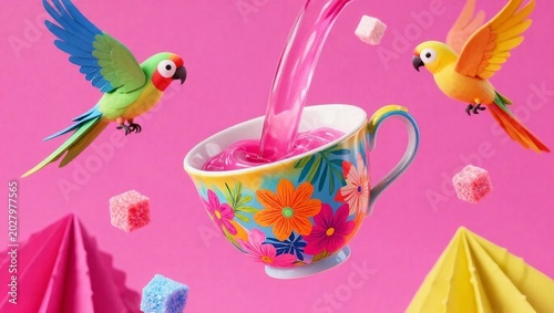 Surreal Floating Floral Teacup with Pink Liquid Pouring Inside and Flying Parrots