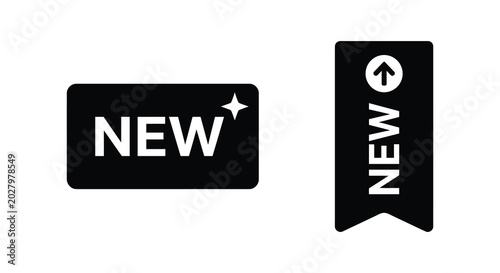 Konstfotografi Two black new arrival label silhouettes with star and arrow icons flat vector de