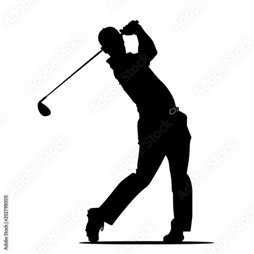 A black silhouette of a golfer against a white background, demonstrating a professional golf swing.