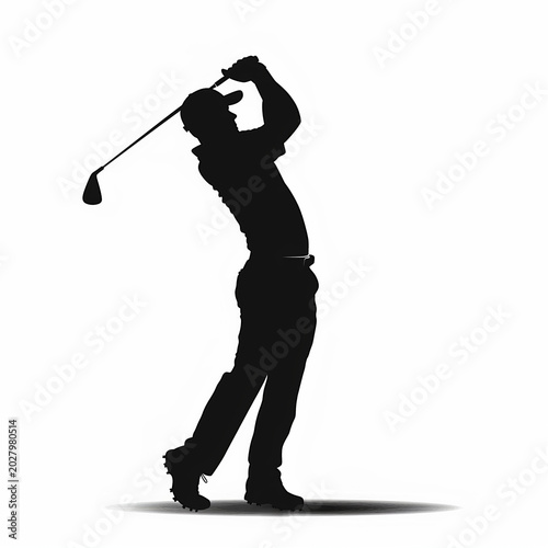 A black silhouette of a golfer against a white background, demonstrating a professional golf swing.