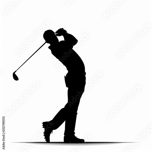 A black silhouette of a golfer against a white background, demonstrating a professional golf swing.