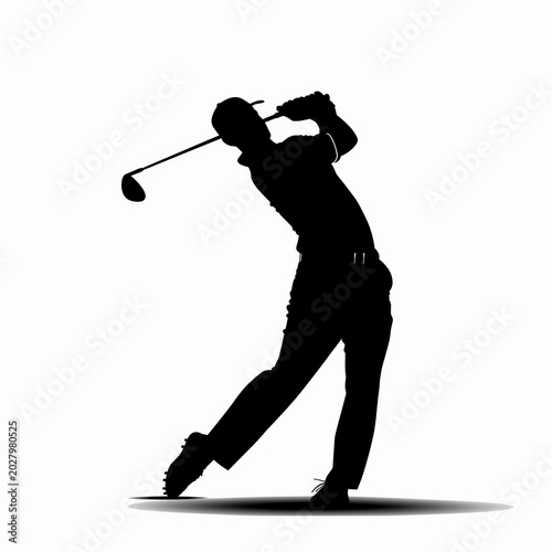 A black silhouette of a golfer against a white background, demonstrating a professional golf swing.