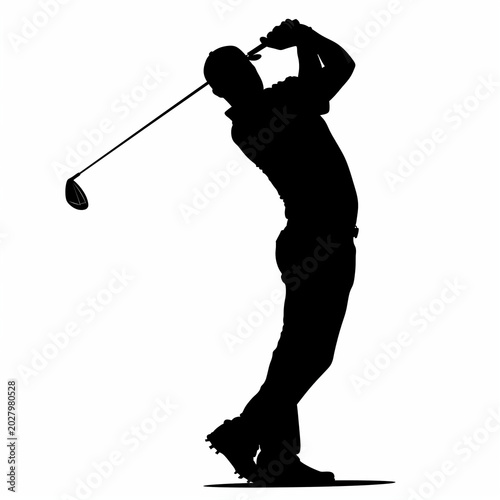 A black silhouette of a golfer against a white background, demonstrating a professional golf swing.