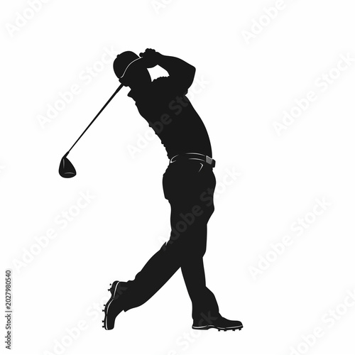A black silhouette of a golfer against a white background, demonstrating a professional golf swing.