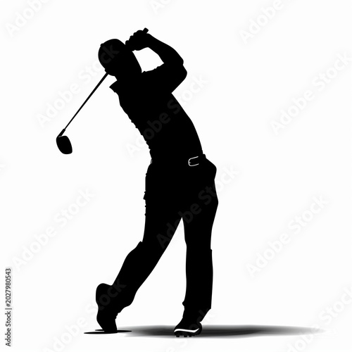 A black silhouette of a golfer against a white background, demonstrating a professional golf swing.
