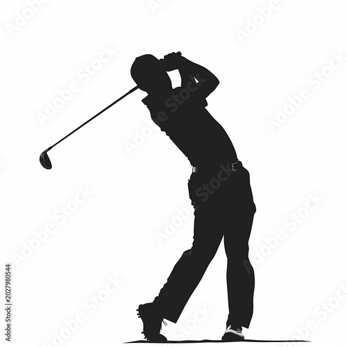 A black silhouette of a golfer against a white background, demonstrating a professional golf swing.