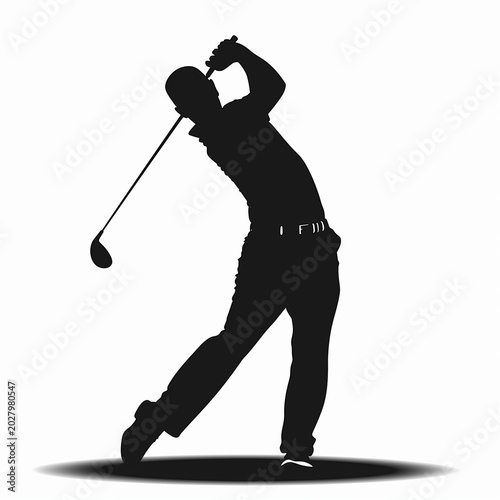 A black silhouette of a golfer against a white background, demonstrating a professional golf swing.