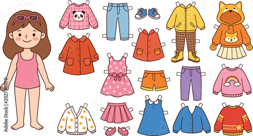 Paper doll illustration with mix-and-match clothing outfits, accessories, and playful fashion dress-up vector design concepts
