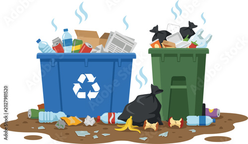 Recycling and garbage bin illustrations with overflowing trash, odor lines, and environmental cleanliness vector design concepts
