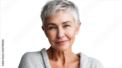 portrait of a beautiful senior woman with short gray hair smiling at the camera