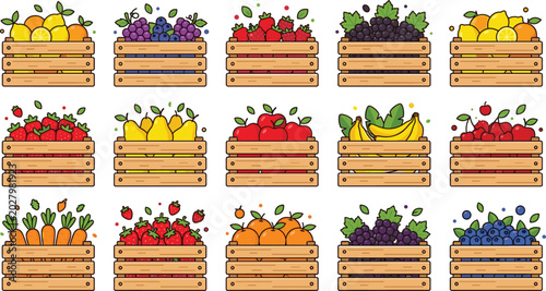 Wooden crate illustrations filled with colorful fruits and vegetables including apples, bananas, grapes, carrots, and berries