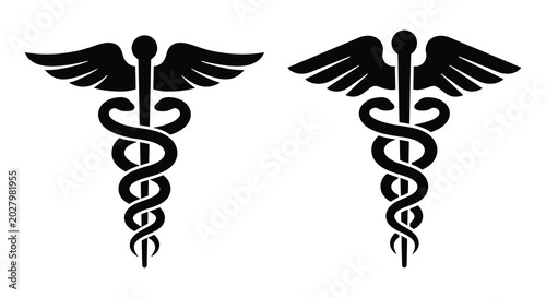 Obraz na płótnie Caduceus symbol with entwined snakes and wings black silhouette