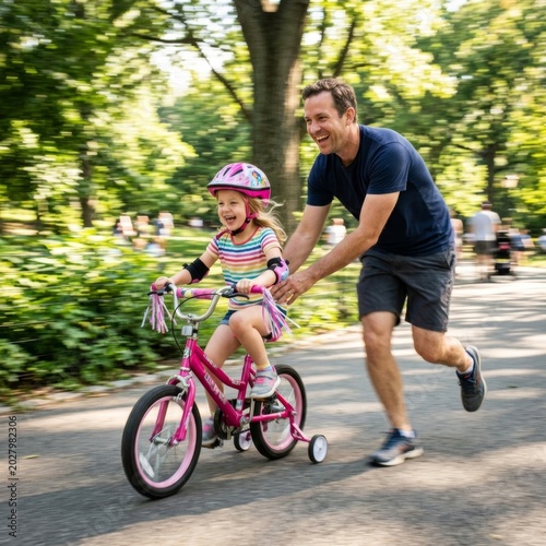 Father and daughter bonding while riding a bicycle in the park celebrating family love and joyful moments