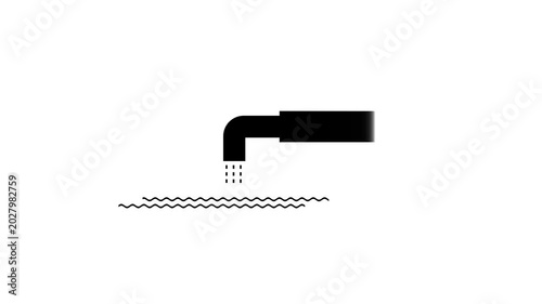 Minimalist water pipe silhouette discharging liquid into river, industrial waste drainage icon on white background, plumbing or irrigation vector symbol.