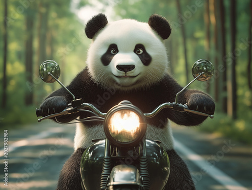 An adorable giant panda is riding a vintage motorcycle along a paved road amidst a lush green pine forest.
