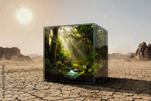 A vibrant green rainforest ecosystem enclosed inside a glass cube sitting on a dry, cracked desert landscape, symbolizing environmental conservation.