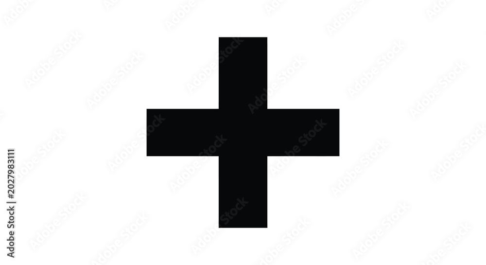 Fototapeta premium Black plus sign shape on a white background simple geometric cross symbol silhouette