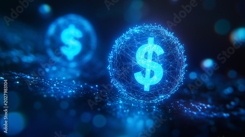 Futuristic, glowing blue dollar sign on an abstract dark background, with a digital bokeh light effect.