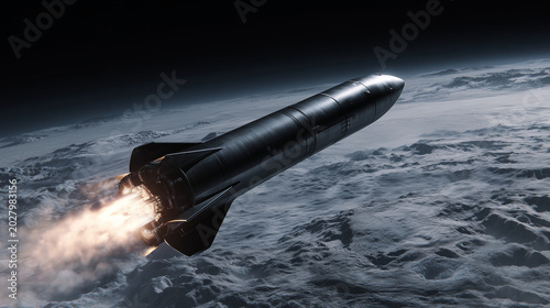 Silver spaceship soared high above Earth's orbit, smoke billowing from its engines.