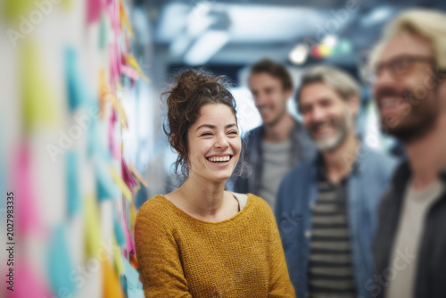 In a brightly lit creative workspace, a diverse and engaged team gathers for a productive brainstorming session. Three professionals stand before a whiteboard. Generative AI image