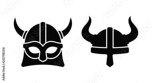 Tableau sur toile Two viking helmets with horns black silhouette against a white background silhou