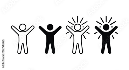 Canvas Print Human figure icon set representing joy, celebration, and energy in outline and s