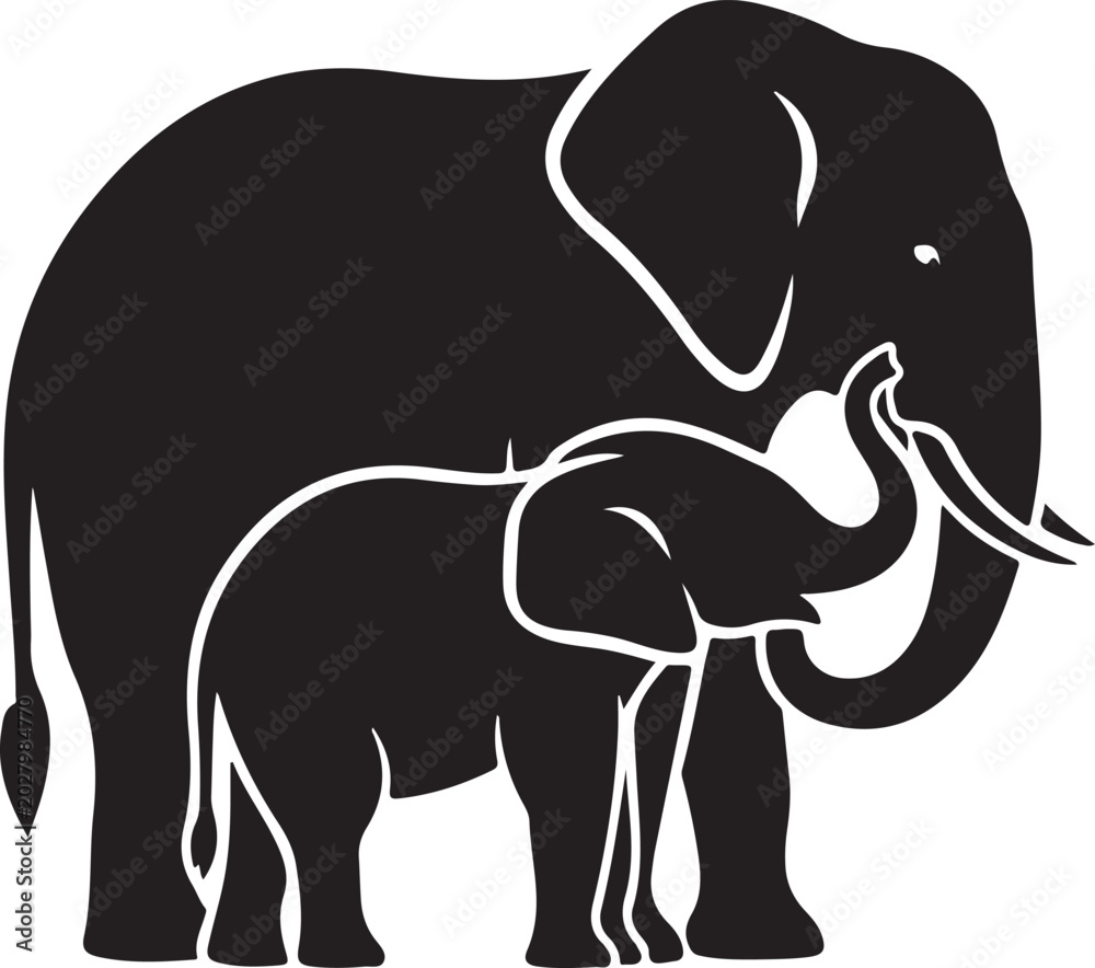Fototapeta premium Black elephant, mother elephant, baby elephant, family animal icons, vector graphics