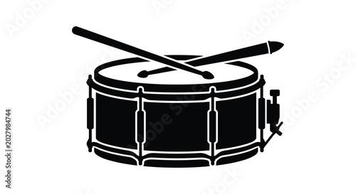 Tableau sur toile Black snare drum with drumsticks on a white background musical instrument silhou