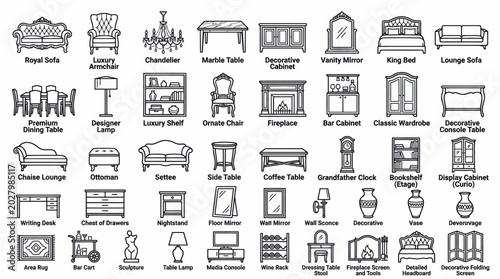 Luxury Furniture Black and White Line Icon Set – Elegant Home Decor Vector Collection