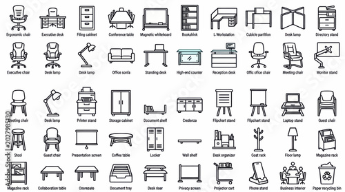Office Furniture Black and White Icon Pack – Desk, Office Chair, Cabinet Vector Icons