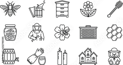 Tableau sur toile Beekeeping apiary thin line icon set featuring organic honey jar honeycomb woode