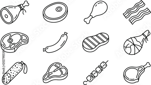 Foto Raw fresh meat and butchery products thin line icon set featuring beef steak ham