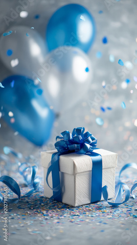 The white gift box is surrounded by blue ribbons and confetti, with balloons flying in the background. Atmosphere filled with celebration. Generative AI image